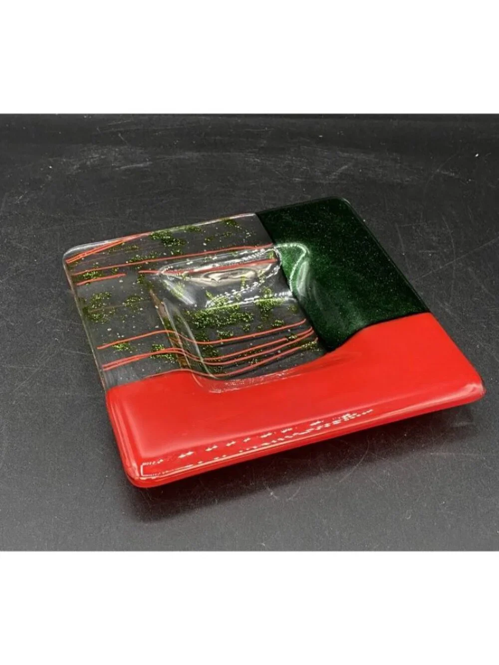 Fused Art Glass Trinket Dish Glitter Dichroic Green & Red 6” Square ￼